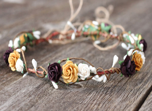 Rustic Flower Crown Boho Hair Accessories in Deep Plum Roses Gold and White Floral Headpiece